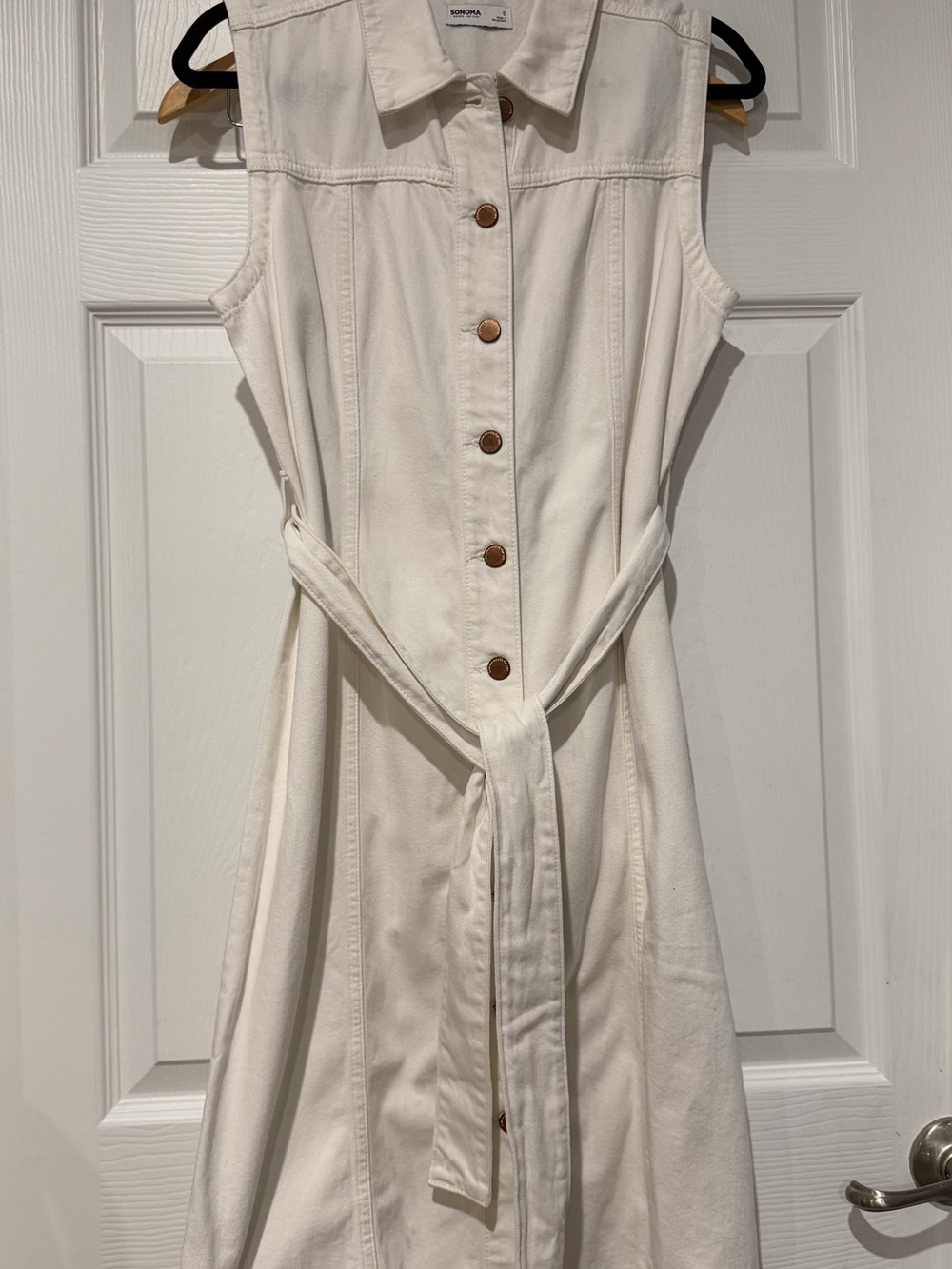Sonoma Sleeveless Button-Front Jean Dress in White with Tie Waist